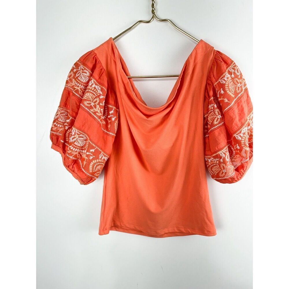 Free People Sz S Coral Rock With It Embroidered Puff Sleeve Off The Shoulder - Picture 6 of 8